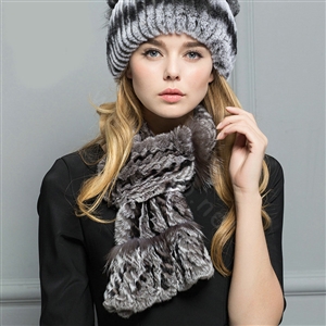 Top Grade Rex Rabbit Fur Scarf Women Winter Neck Wrap Knitted Fishtail Fur Muffler - Gray