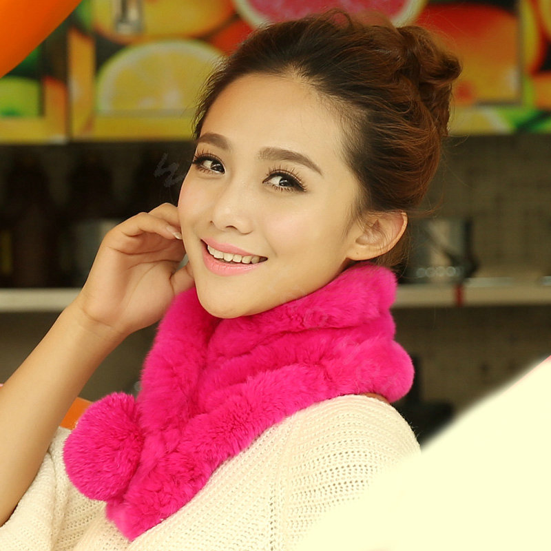 Top Grade Short Knitted Rex Rabbit Fur Scarf Women Winter Thicken Fur Collar - Rose