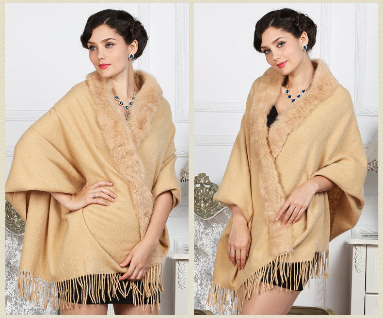 Top Grade Solid Color Wool Shawls Rex Rabbit Fur Collar Scarf Women Thicken Tassels Cape - Khaki