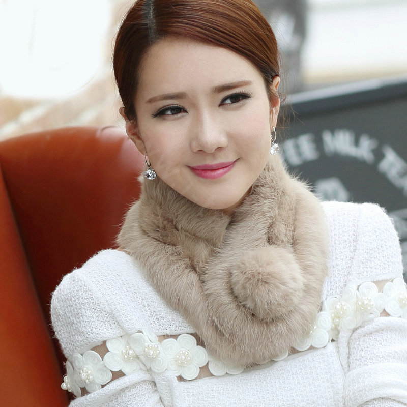Top Grade Whole Rabbit Fur Scarf Women Winter Warm Neck Wrap Knitted Fur Ball Collar - Camel