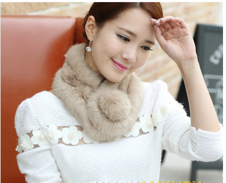Top Grade Whole Rabbit Fur Scarf Women Winter Warm Neck Wrap Knitted Fur Ball Collar - Camel