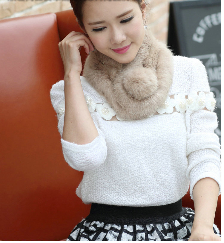 Top Grade Whole Rabbit Fur Scarf Women Winter Warm Neck Wrap Knitted Fur Ball Collar - Camel