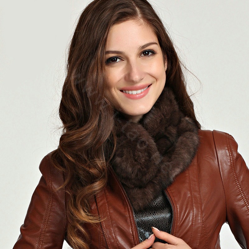 Top Grade Whole Rabbit Fur Scarf Women Winter Warm Neck Wrap Knitted Fur Ball Collar - Coffee