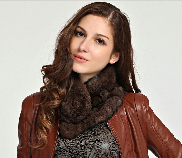 Top Grade Whole Rabbit Fur Scarf Women Winter Warm Neck Wrap Knitted Fur Ball Collar - Coffee