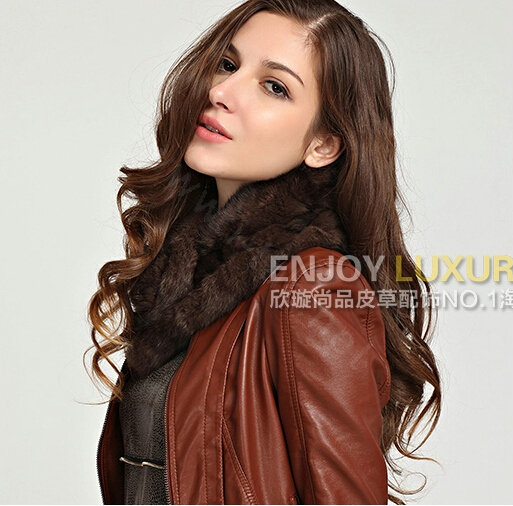 Top Grade Whole Rabbit Fur Scarf Women Winter Warm Neck Wrap Knitted Fur Ball Collar - Coffee