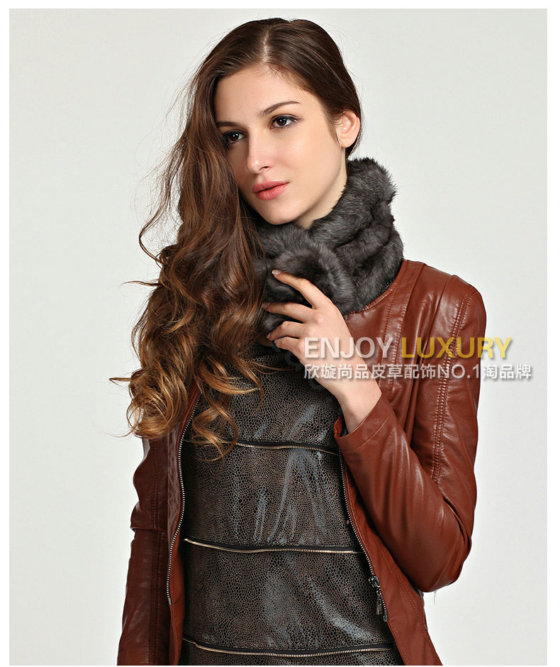 Top Grade Whole Rabbit Fur Scarf Women Winter Warm Neck Wrap Knitted Fur Ball Collar - Gray