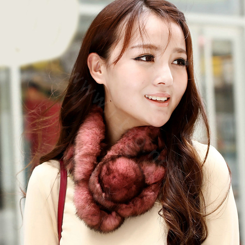 Top Grade Whole Rabbit Fur Scarf Women Winter Warm Neck Wrap Knitted Fur Ball Collar - Light Red