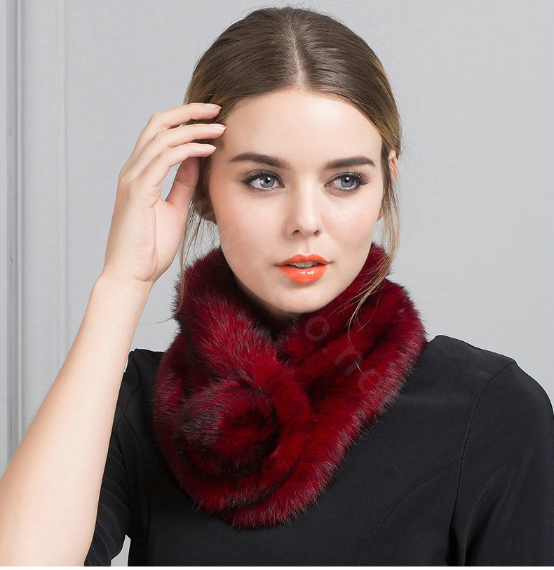 Top Grade Whole Rabbit Fur Scarf Women Winter Warm Neck Wrap Knitted Fur Ball Collar - Red