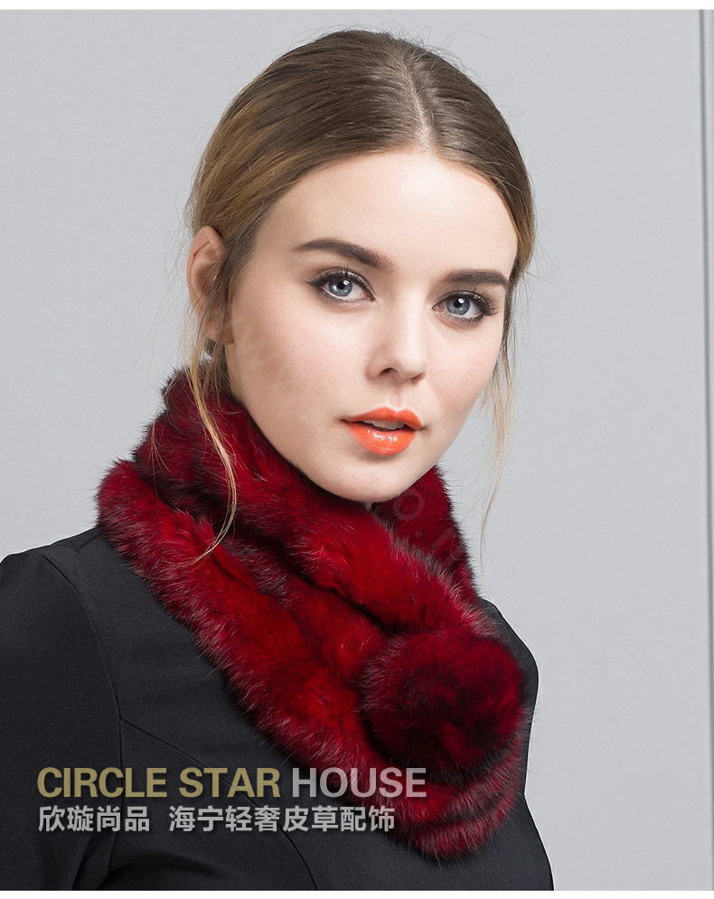 Top Grade Whole Rabbit Fur Scarf Women Winter Warm Neck Wrap Knitted Fur Ball Collar - Red