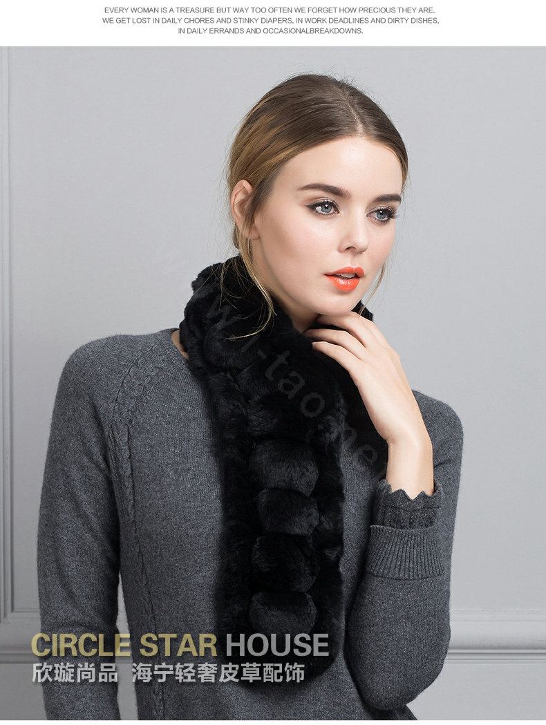 Unique Rex Rabbit Fur Scarf Women Winter Warm Neck Wrap Knitted Fur Collar Muffler - Black
