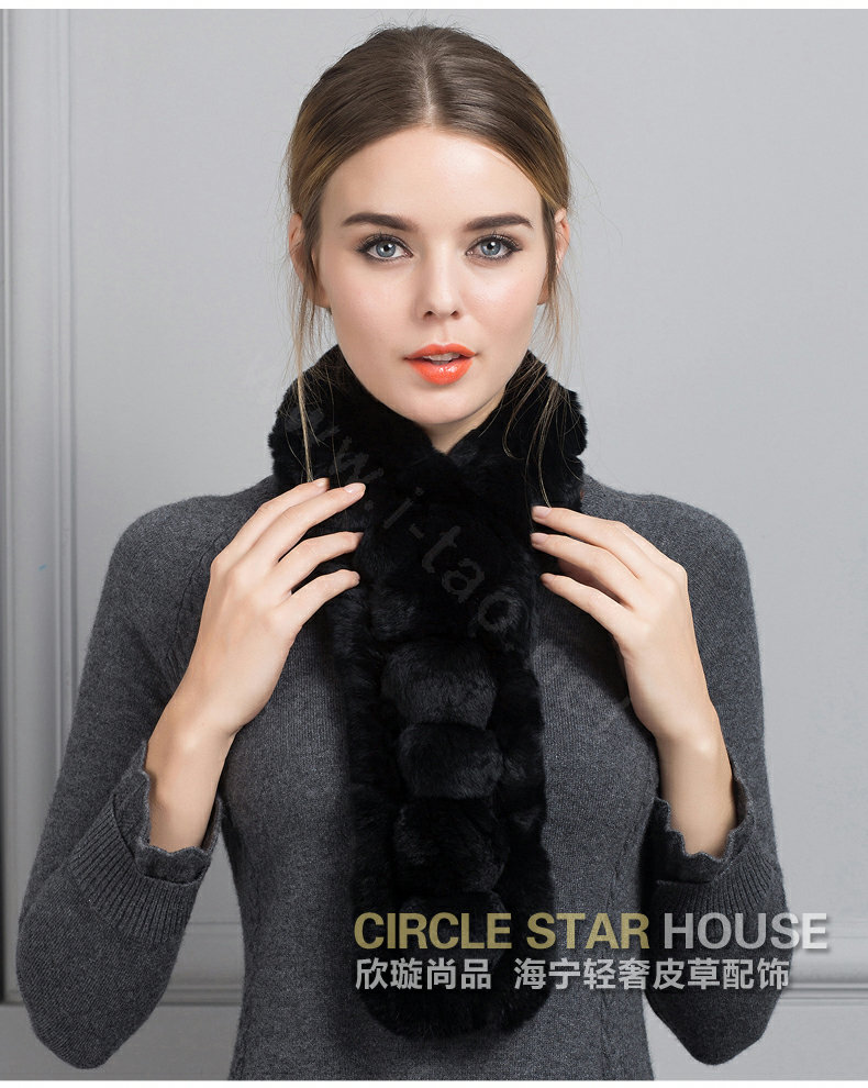 Unique Rex Rabbit Fur Scarf Women Winter Warm Neck Wrap Knitted Fur Collar Muffler - Black