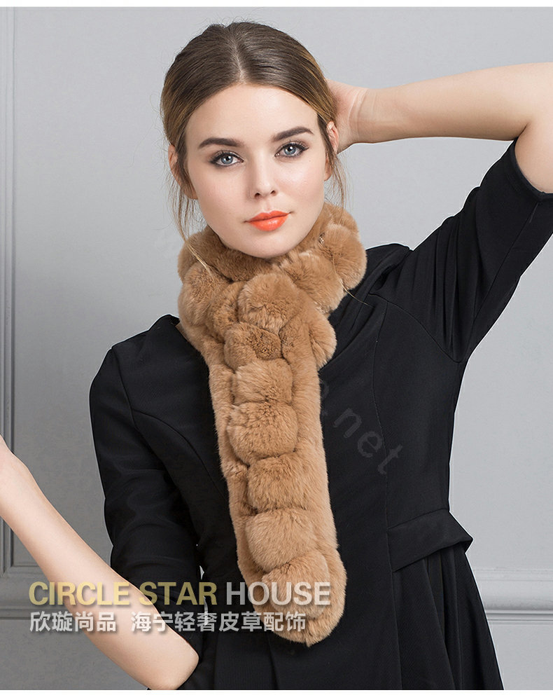Unique Rex Rabbit Fur Scarf Women Winter Warm Neck Wrap Knitted Fur Collar Muffler - Camel