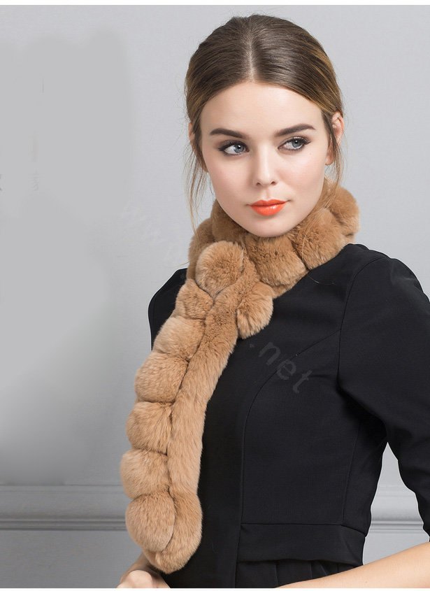 Unique Rex Rabbit Fur Scarf Women Winter Warm Neck Wrap Knitted Fur Collar Muffler - Camel