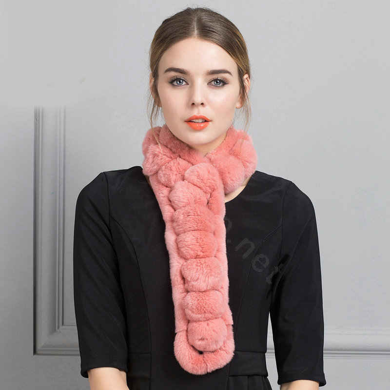 Unique Rex Rabbit Fur Scarf Women Winter Warm Neck Wrap Knitted Fur Collar Muffler - Skin Red