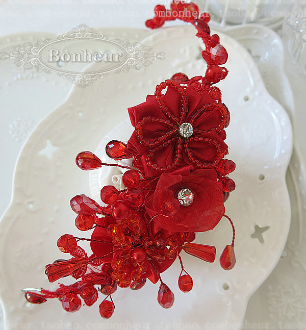 Beautiful Red Crystal beads Bridal Hairwear Lace Flower Hair Hoop Wedding Hair Accessories