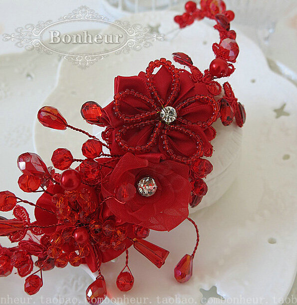 Beautiful Red Crystal beads Bridal Hairwear Lace Flower Hair Hoop Wedding Hair Accessories
