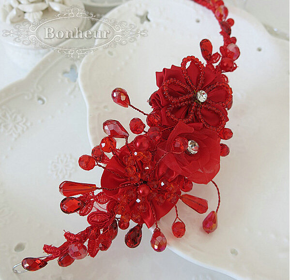 Beautiful Red Crystal beads Bridal Hairwear Lace Flower Hair Hoop Wedding Hair Accessories