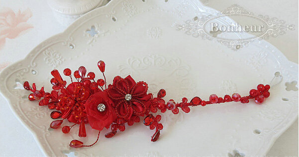 Beautiful Red Crystal beads Bridal Hairwear Lace Flower Hair Hoop Wedding Hair Accessories