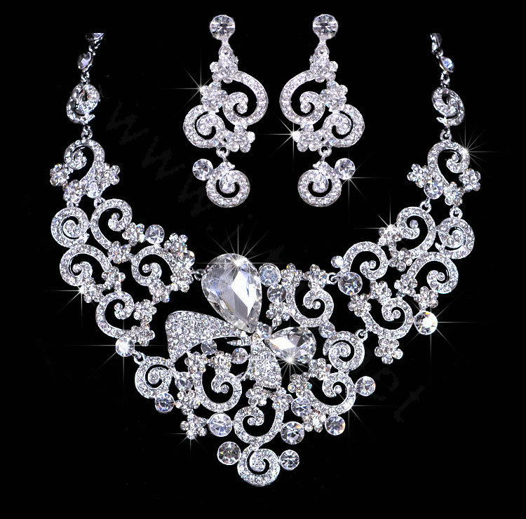 Beautiful Wedding Jewelry Sets for Bridal Crystal Butterfly Tiara & Earrings & Rhinestone Necklace