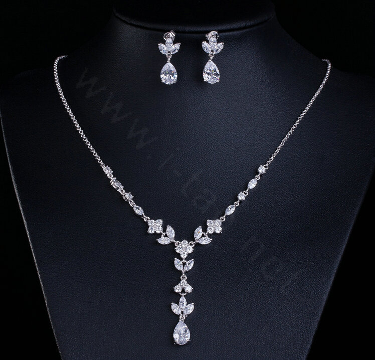 Classic Banquet Wedding Jewelry Sets Water-drop Diamond Flower Earrings & Bridal Zircon Pendant Necklace