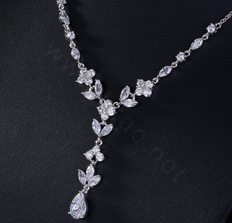 Classic Banquet Wedding Jewelry Sets Water-drop Diamond Flower Earrings & Bridal Zircon Pendant Necklace