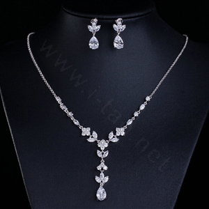 Classic Banquet Wedding Jewelry Sets Water-drop Diamond Flower Earrings & Bridal Zircon Pendant Necklace