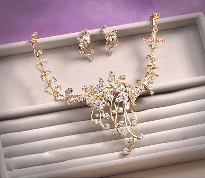 Classic Gold Plated Wedding Bridal Jewelry Butterfly Peacock Crystal Necklace Earrings Sets