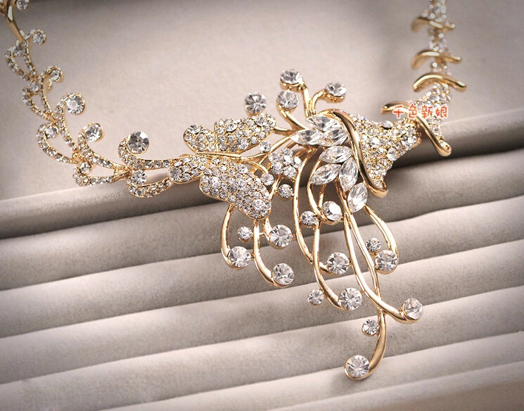 Classic Gold Plated Wedding Bridal Jewelry Butterfly Peacock Crystal Necklace Earrings Sets