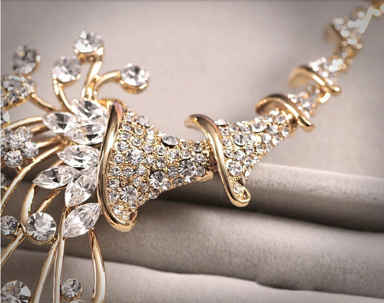 Classic Gold Plated Wedding Bridal Jewelry Butterfly Peacock Crystal Necklace Earrings Sets