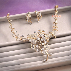 Classic Gold Plated Wedding Bridal Jewelry Butterfly Peacock Crystal Necklace Earrings Sets