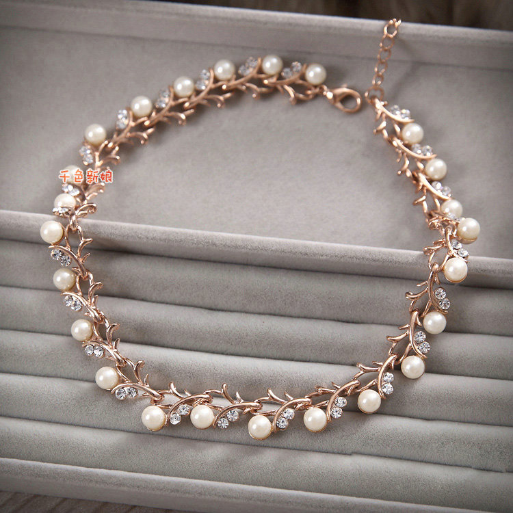 Classic Gold Wedding Bridal Accessories Simple Pearl Crystal Necklace Earrings Sets