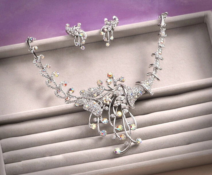 Classic Silver Plated Wedding Bridal Jewelry Butterfly Peacock Crystal Necklace Earrings Sets