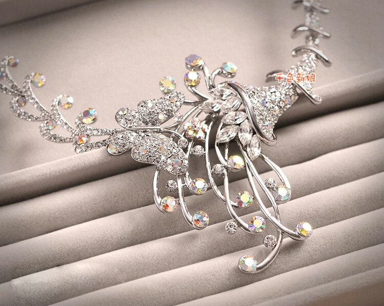 Classic Silver Plated Wedding Bridal Jewelry Butterfly Peacock Crystal Necklace Earrings Sets