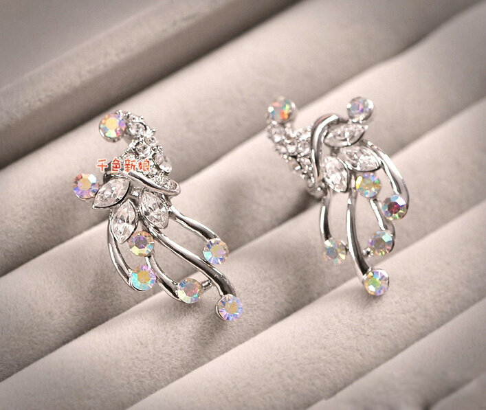 Classic Silver Plated Wedding Bridal Jewelry Butterfly Peacock Crystal Necklace Earrings Sets