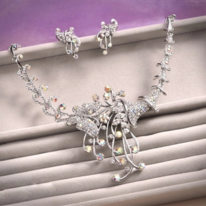 Classic Silver Plated Wedding Bridal Jewelry Butterfly Peacock Crystal Necklace Earrings Sets