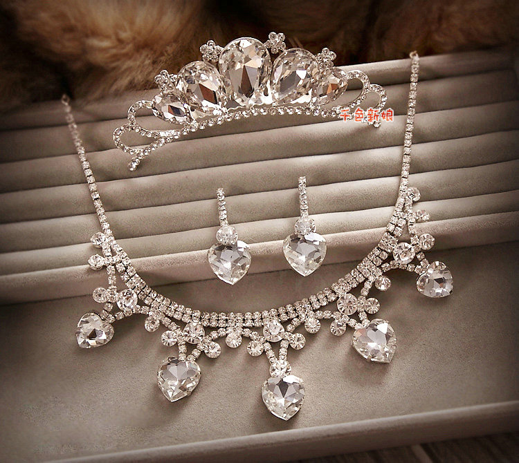 Classic Wedding Bridal Jewelry Heart Rhinestone Crystal Tiara Necklace Earrings Sets