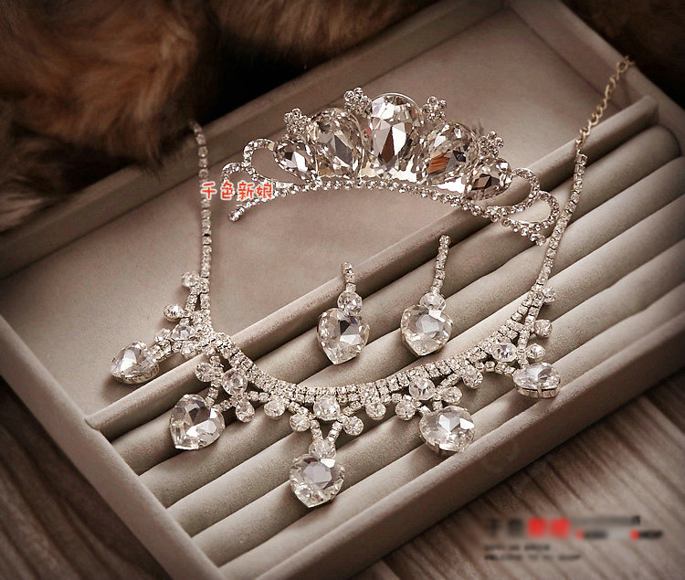 Classic Wedding Bridal Jewelry Heart Rhinestone Crystal Tiara Necklace Earrings Sets