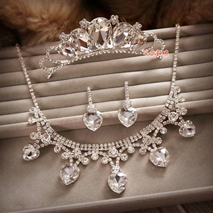 Classic Wedding Bridal Jewelry Heart Rhinestone Crystal Tiara Necklace Earrings Sets