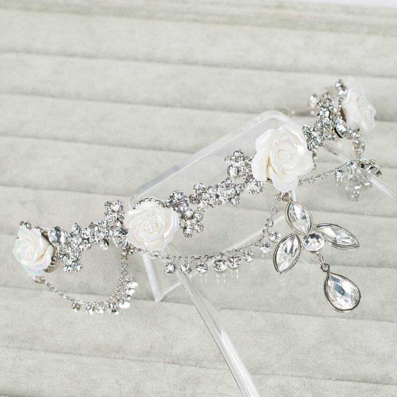 Classic Wedding Jewelry Ceramic Flower Tassel Crystal Tiaras Bridal Rhinestone Hair Accessories