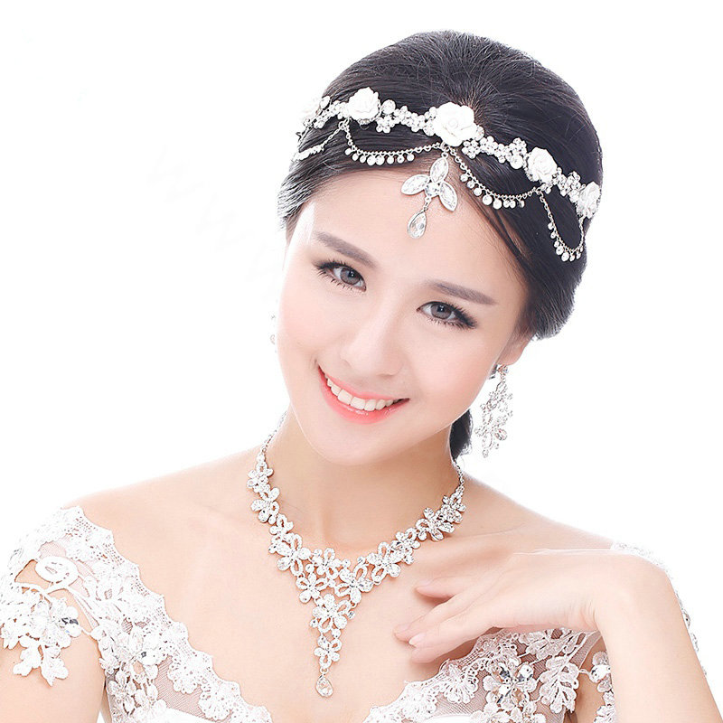 Classic Wedding Jewelry Ceramic Flower Tassel Crystal Tiaras Bridal Rhinestone Hair Accessories