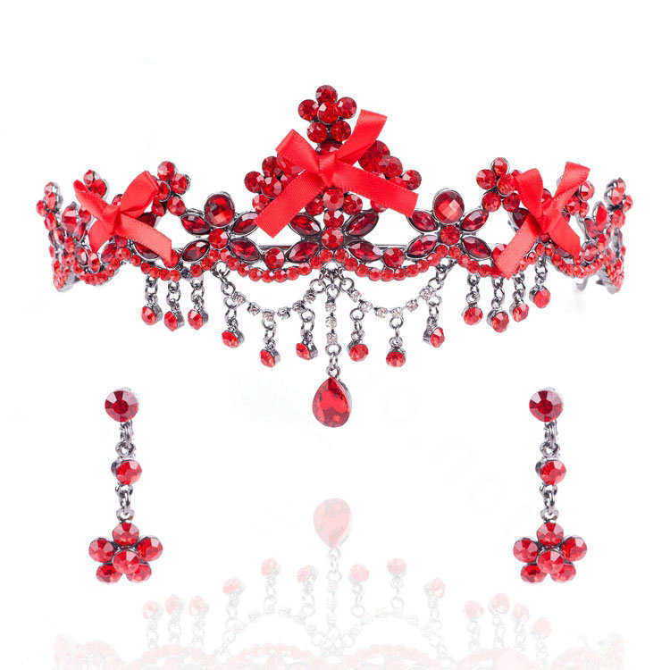Classic Wedding Jewelry Flower Crystal Tassel Tiaras Bridal Red Rhinestone Crown Hair Accessories