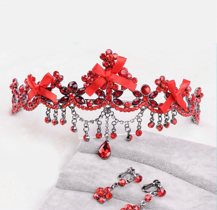 Classic Wedding Jewelry Flower Crystal Tassel Tiaras Bridal Red Rhinestone Crown Hair Accessories