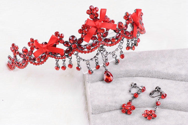 Classic Wedding Jewelry Flower Crystal Tassel Tiaras Bridal Red Rhinestone Crown Hair Accessories