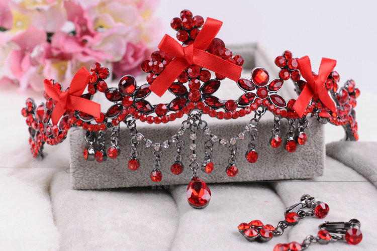 Classic Wedding Jewelry Flower Crystal Tassel Tiaras Bridal Red Rhinestone Crown Hair Accessories
