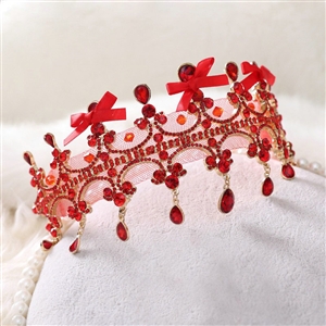 Classic Wedding Jewelry Red Gauze Crystal Tassel Tiaras Bridal Rhinestone Crown Hair Accessories