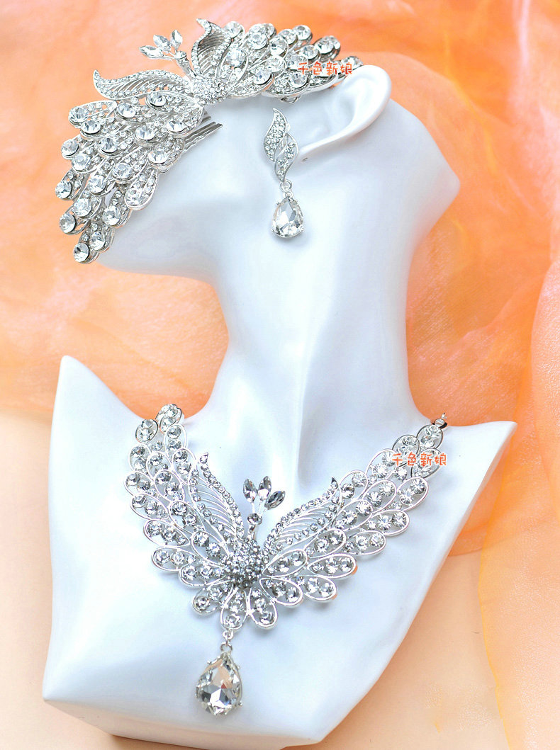 Classic Wedding Jewelry Set for Bridal Crystal Hollow Phoenix Tiara & Earrings & Necklace Sets