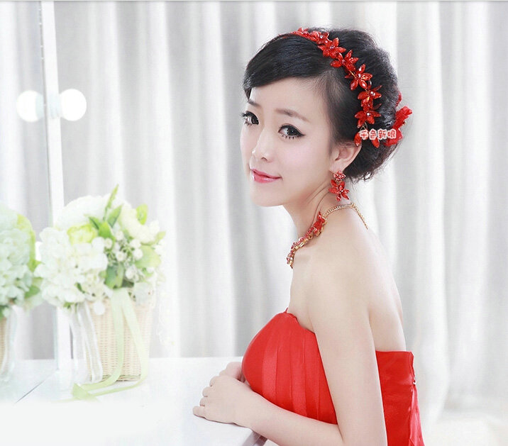 Classic Wedding Jewelry Sets for Bridal Red Crystal Flowers Tiara & Earrings & Rhinestone Necklace