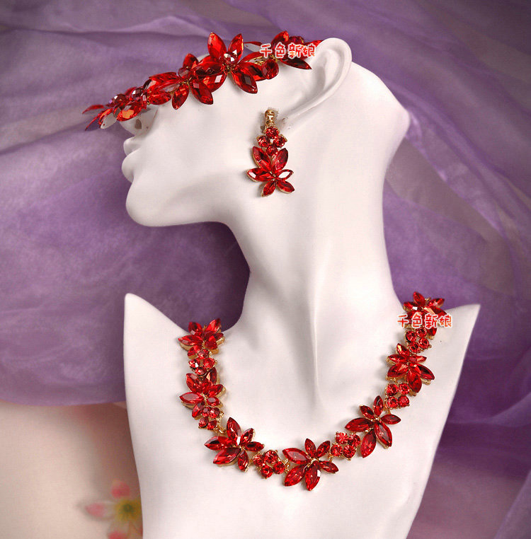Classic Wedding Jewelry Sets for Bridal Red Crystal Flowers Tiara & Earrings & Rhinestone Necklace