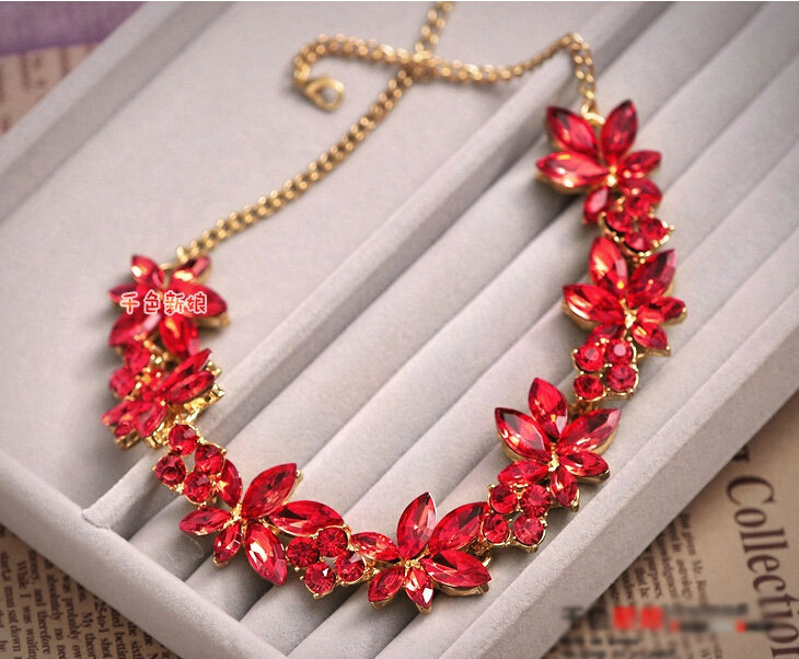 Classic Wedding Jewelry Sets for Bridal Red Crystal Flowers Tiara & Earrings & Rhinestone Necklace
