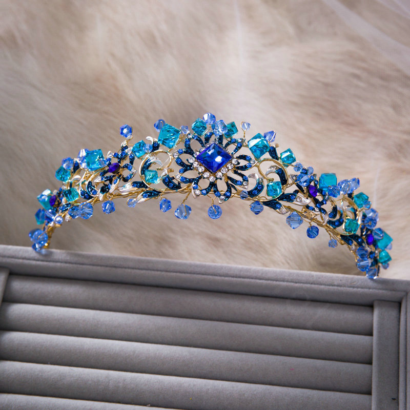 Elegant Retro Wedding Jewelry Flower Blue Crystal Beads Tiaras Bridal Rhinestone Hair Hoop Accessories